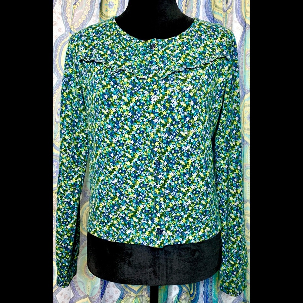 Weavers Floral Green Blue Cardigan Soft Stretchy Buttons Ruffles Women's Large